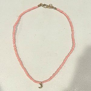 GOLD MOON PENDANT BEADED NECKLACE, BABY PINK, ONE SIZE